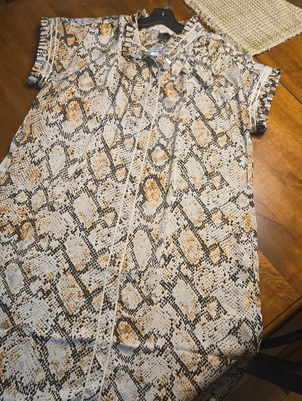 CAbi Neutral Snake-Print Button Front Front Dress with Waist Tie Belt.